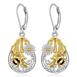Pendientes Leverback Cobre Bicolor Oro Plata Abeja Margarita Flor Joyería De Naturaleza Para Mujeres
