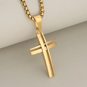 Stainless Steel Cross Pendant Necklace For Men Women Hollow Out 3D Layered Geometric Minimalist Religious Fashion Jewelry