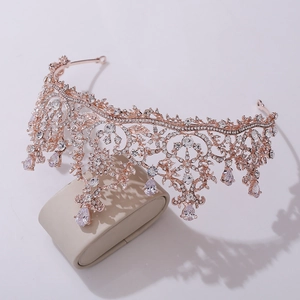 Detail of rose gold bridal tiara with AAA cubic zirconia and pear-cut crystals