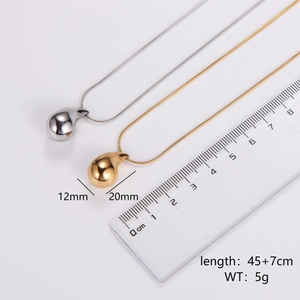 Polished stainless steel waterdrop pendant necklace in gold and silver with size details