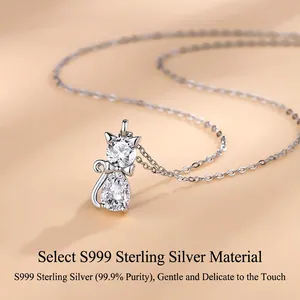 999 Sterling Silver Cute Cat Necklace with Sparkling Zirconia Pendant for Women