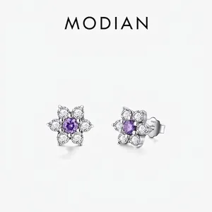 Flower Stud Earrings With 925 Sterling Silver Earring Post Purple Cubic Zirconia Vintage Jewelry For Women