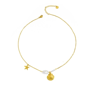 Golden ocean theme necklace with starfish, seashell, and pearl charms on white background