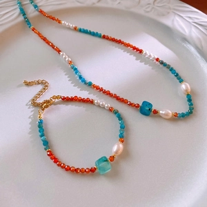 Natural stone necklace and bracelet set with turquoise, agate, and freshwater pearls