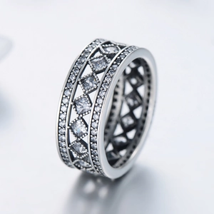 Vintage S925 sterling silver ring with hollow geometric rhombus and square zircon