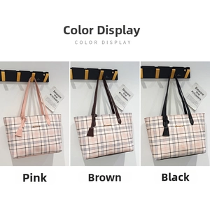 Checkered tote bag detail in pink, brown, and black options with metal logo accents
