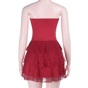 Rear view of a red strapless dress featuring multi-layered lace and a flared skirt
