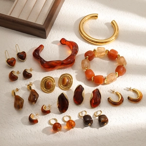 Stainless Steel Resin Jewelry Earrings Bracelet And Ring Amber Tortoiseshell Acrylic Maillard Style Gold Plated