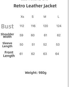 Detailed size chart for the vintage lapel PU leather jacket including XS to L measurements