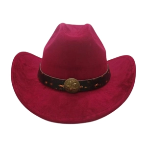 Vue de face d'un chapeau de cowboy en daim rose vif avec bandeau en cuir à étoile