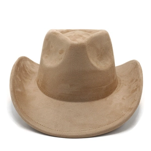 Close-up of light khaki faux suede cowboy hat showing fine stitching and soft texture