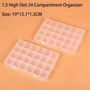 Detailed top view of 24-compartment clear plastic storage box for jewelry and small parts