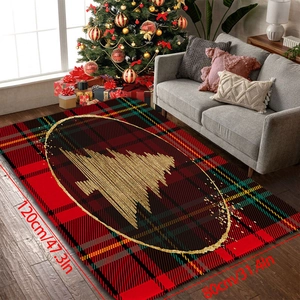 Christmas rug with red and green plaid and gold tree on wooden floor 120x80cm