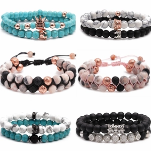 Natural Stone Beaded Bracelets Lava Turquoise Howlite Copper Crown Charm Punk Jewelry For Men Women