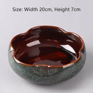 Brown ceramic hydroponic flower pot with 20cm six-petal edge and mottled glaze finish