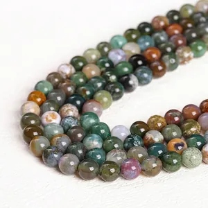 Polished natural Indian agate round beads with green and brown mineral patterns