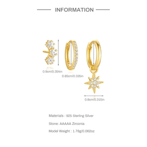 Detailed view of S925 sterling silver star earring set with size specs and zirconia details