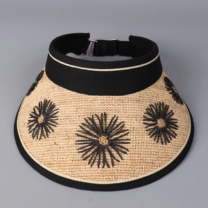 Detailed macro view of embroidered floral sun patterns on the beige straw visor hat brim