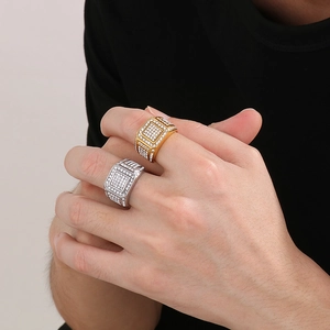 Luxurious hip hop men's square rings with micro paved cubic zirconia in gold and silver
