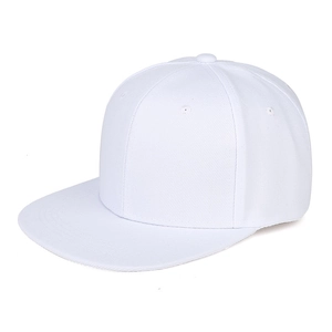 Detail view of a white 6-panel flat brim snapback cap in premium cotton twill fabric