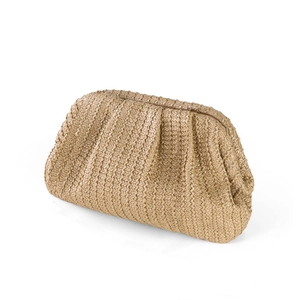 Chic beige straw woven clutch bag with a soft dumpling shape for summer beach vacations