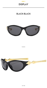 Front and 45-degree side views of retro Y2K black cat-eye sunglasses with gold metal temples