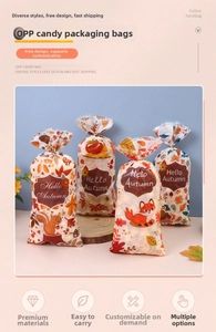 Detail of Hello Autumn OPP gift bags featuring squirrels, foxes and maple leaf prints