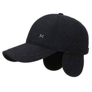 Men's winter baseball cap in navy blue with ear flaps and metal M detail