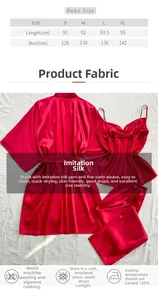 Détails de l'ensemble pyjama en satin rouge avec guide des tailles et entretien