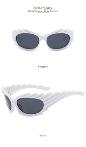Front and side view of white wing-shaped sunglasses with grey lenses, model C6