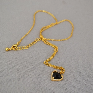 Elegant gold-plated heart necklace with black faceted stone and zircon inlay for women