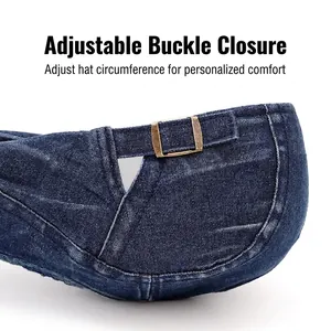 Adjustable bronze metal buckle on washed denim flat cap for custom head size fit