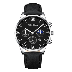 Detail of Geneva quartz watch with black leather strap and Roman numeral dial