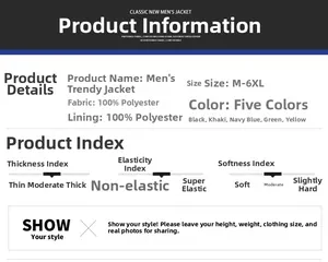 Detailed chart showing 100% polyester fabric material and size guide for men's bomber jacket