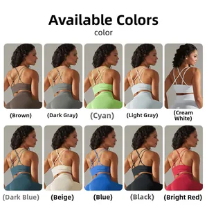 Detailed back view of seamless sports bras featuring criss-cross straps in 10 diverse colors