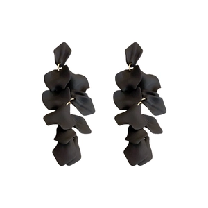 Long black rose petal tassel earrings with elegant matte finish and gold-tone links