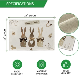 Detailed specifications of Happy Easter linen placemat showing dimensions and fabric texture