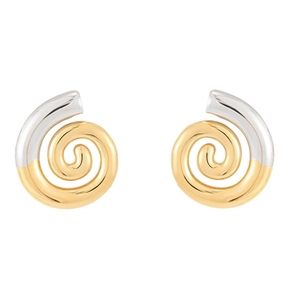 Detailed view of modern spiral earrings in two-tone 18K gold and silver stainless steel