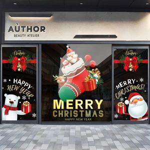 Christmas window decals set with Santa, reindeer and bow for festive store decoration