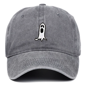 Close-up of a washed grey cotton baseball cap with a white ghost embroidery detail
