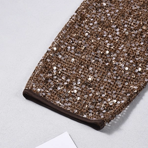 Macro detail of brown mesh fabric featuring dense silver sequin embroidery and knit edges