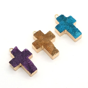Natural crystal cross pendants with gold plating edge in purple, brown and blue colors