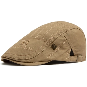 Khaki cotton flat cap with letter embroidery and metal buckle in side view
