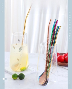 Colorful 304 stainless steel straw spoons in glasses with fresh lime and cherry tomato decor