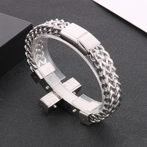 Detail of hip hop stainless steel bracelet with double-row chain and magnetic clasp