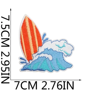 Detail view showing dimensions of surfing board and wave embroidery patch for apparel