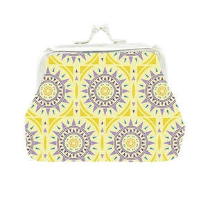 Moroccan style coin purse with yellow and purple mandala pattern on a white background
