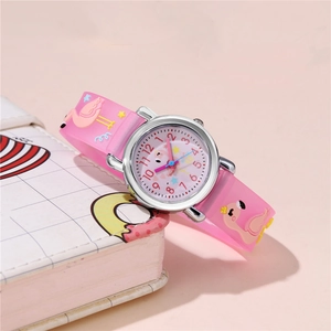 Pink cartoon flamingo kids watch with 3D silicone strap and colorful dial markers