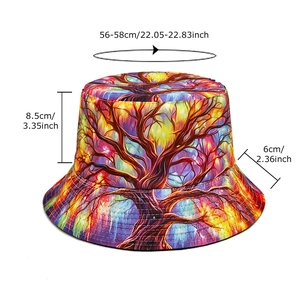 Foldable bucket hat with colorful tree pattern and 56-58cm head circumference size guide