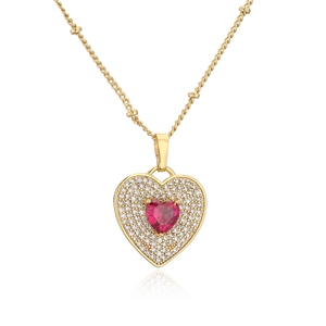 Gold heart pendant necklace with red cubic zirconia and micro-pave white stones